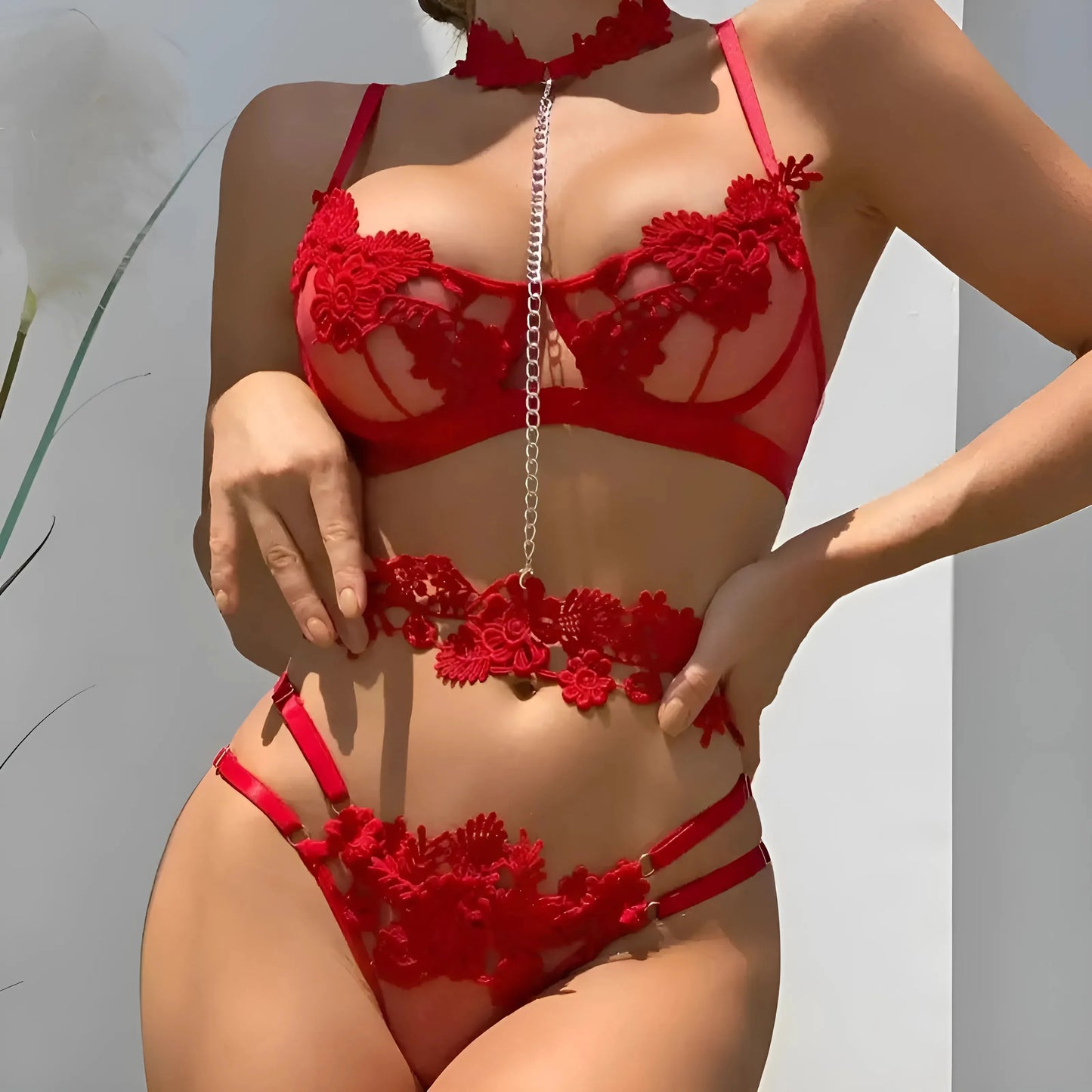 Set di Lingerie a 3 Pezzi con Pizzo Floreale