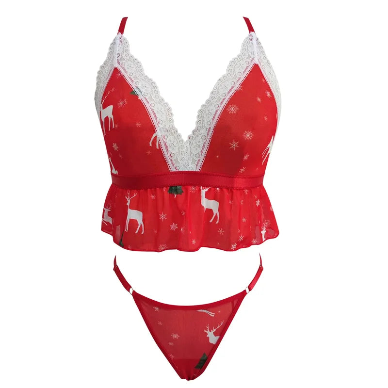 Completo di lingerie natalizio con volant e pizzo
