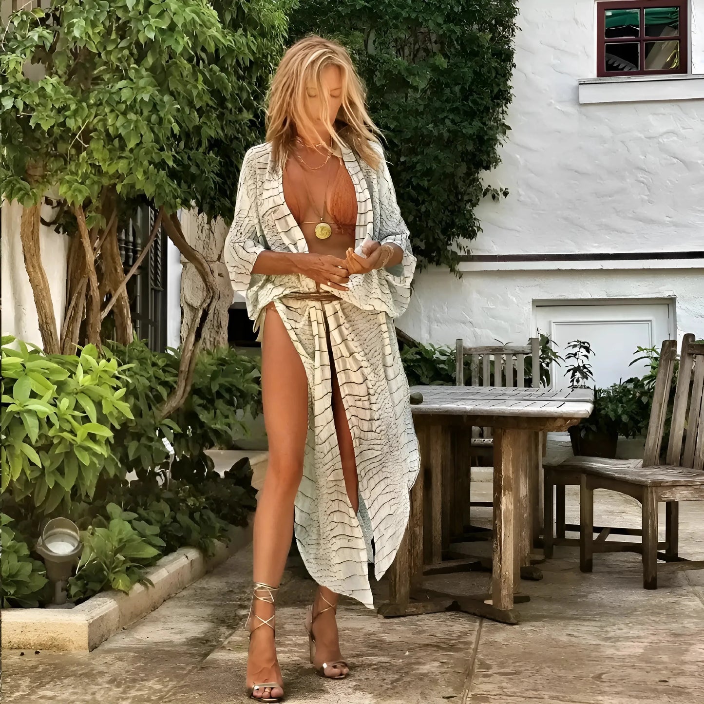 Beige Kimono da Spiaggia con Stampa Animale