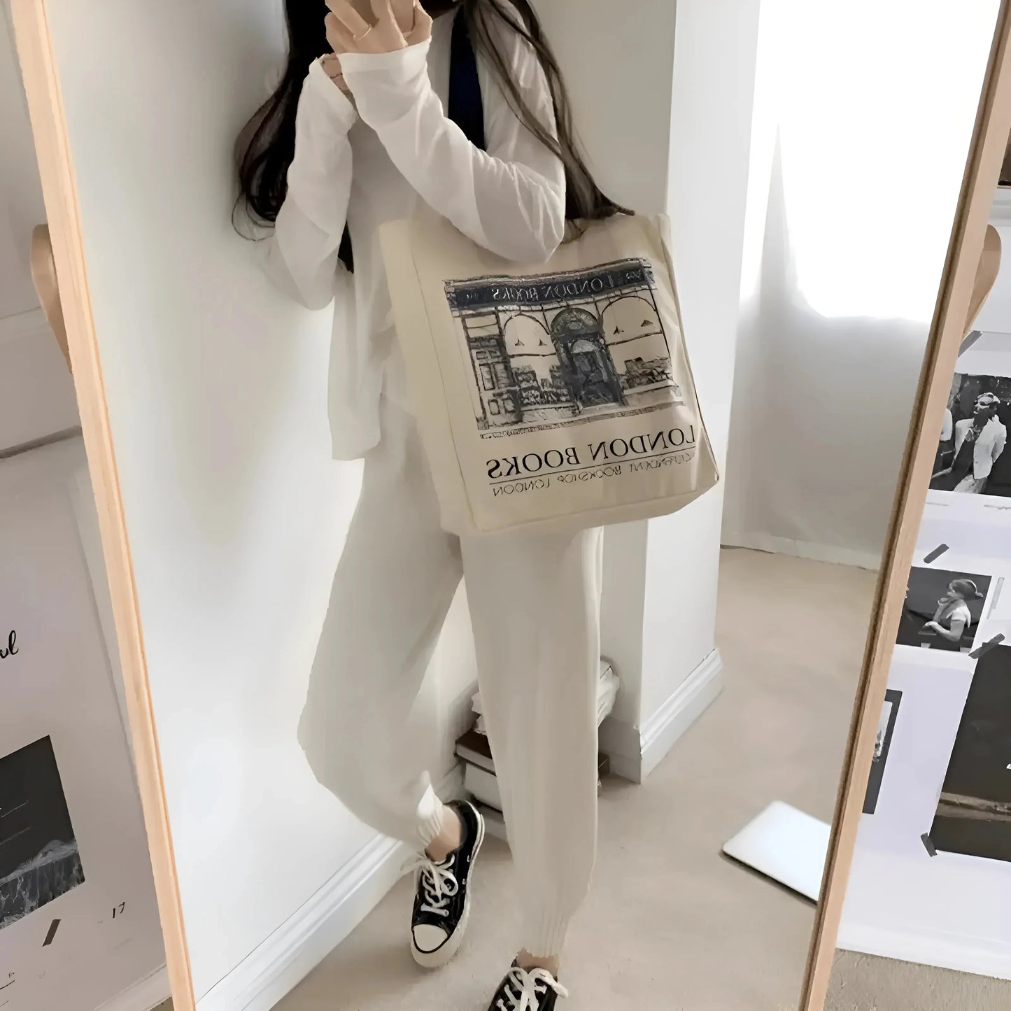 Beige Borsa a spalla da spiaggia in tela