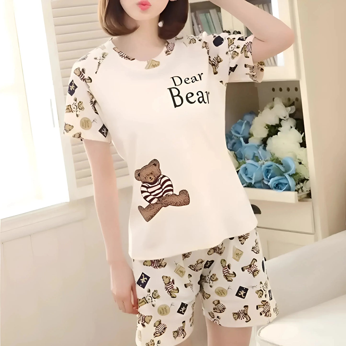 Beige Pigiama in Cotone con Motivi Incantevoli