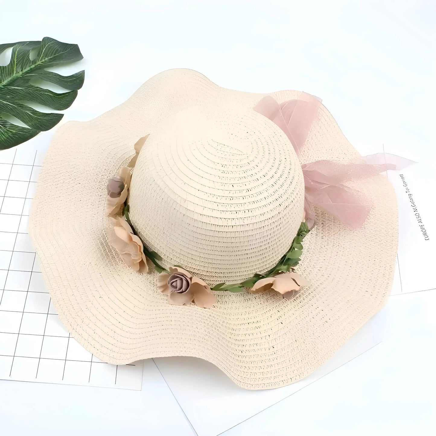 Beige Cappello da Spiaggia Floreale