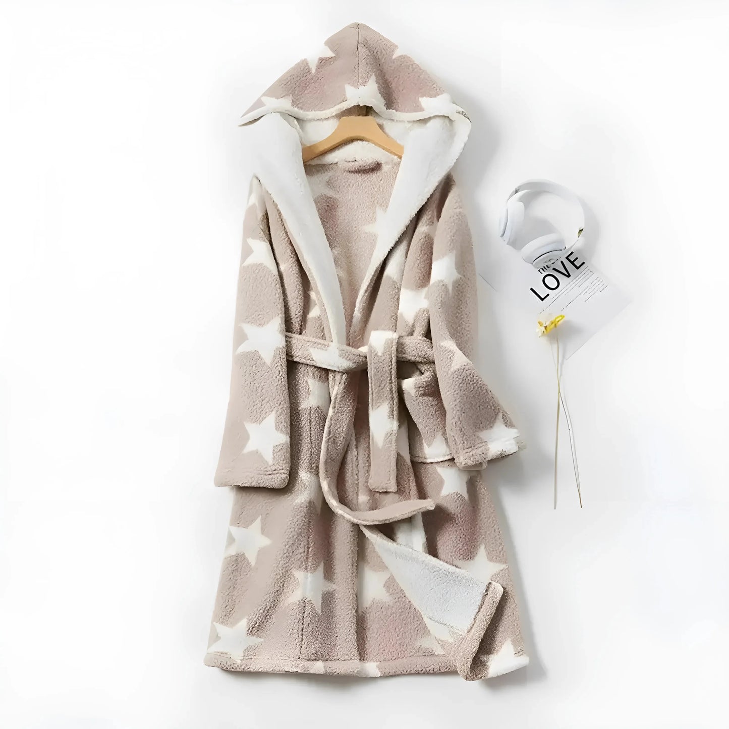Beige Accappatoio Fluffy con Stampa a Stelle