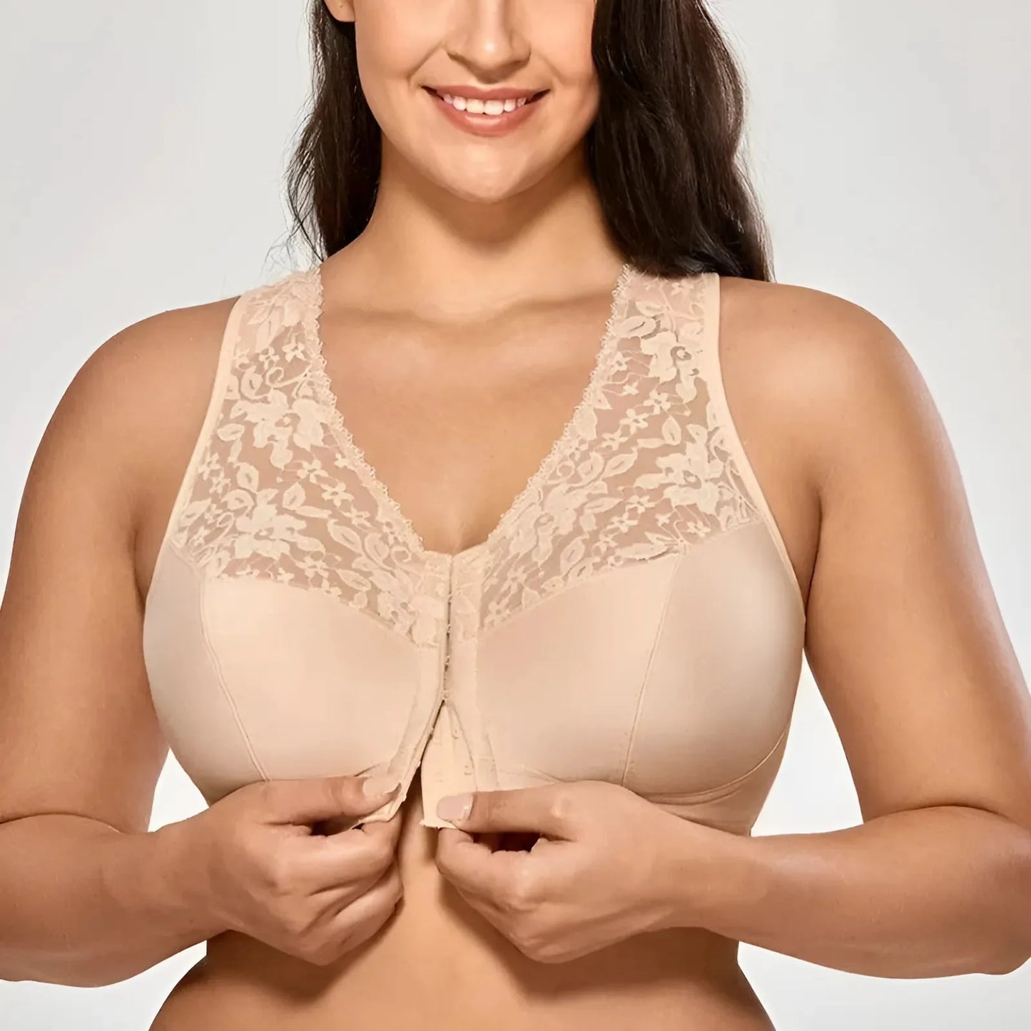 Beige Reggiseno in pizzo con chiusura frontale in taglie grandi