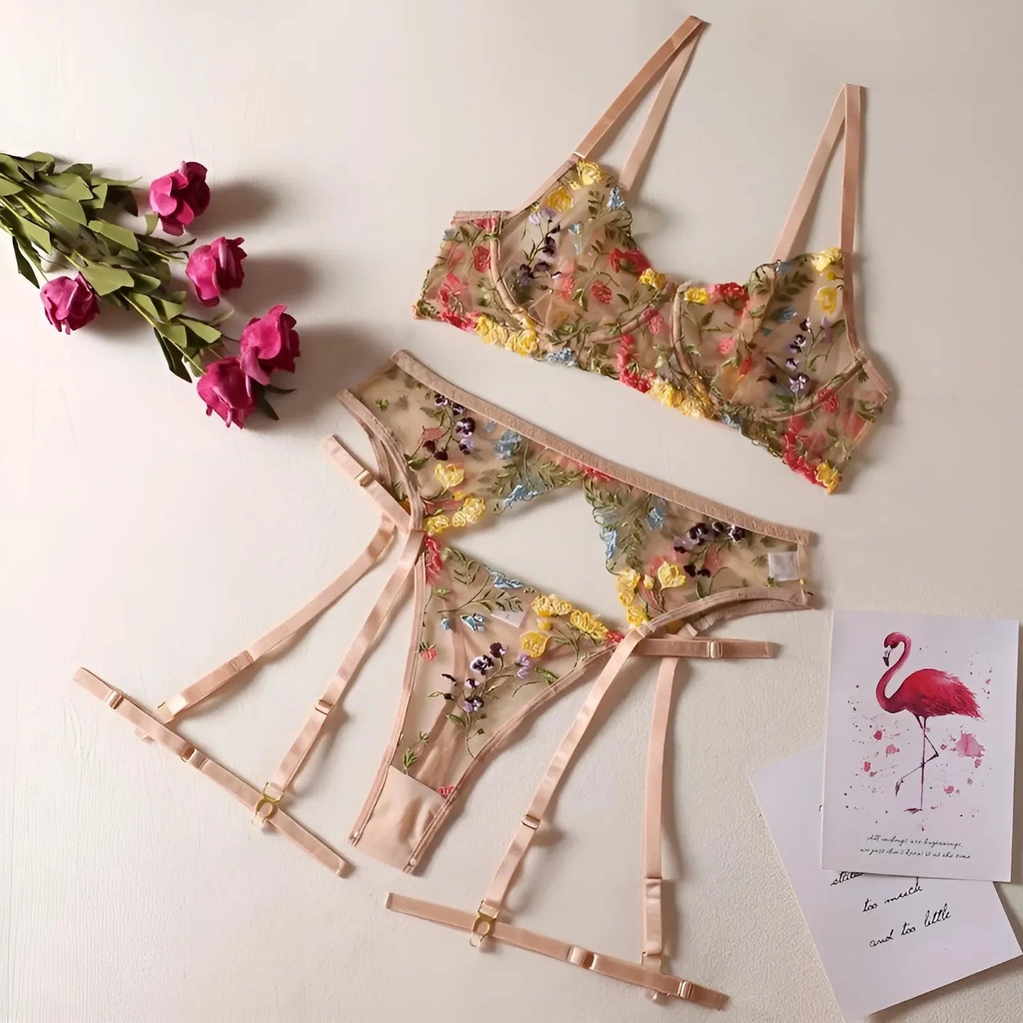 Beige Set di Lingerie in Pizzo con Fiori Ricamati