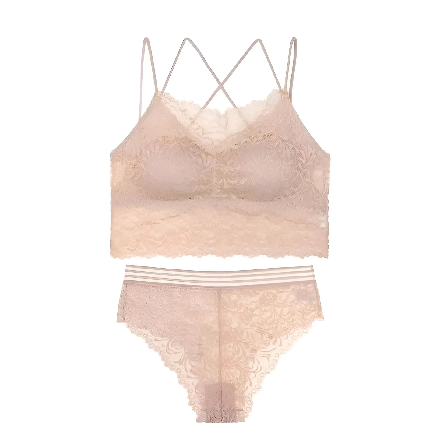 Beige Set di Lingerie in Pizzo con Top Scollato