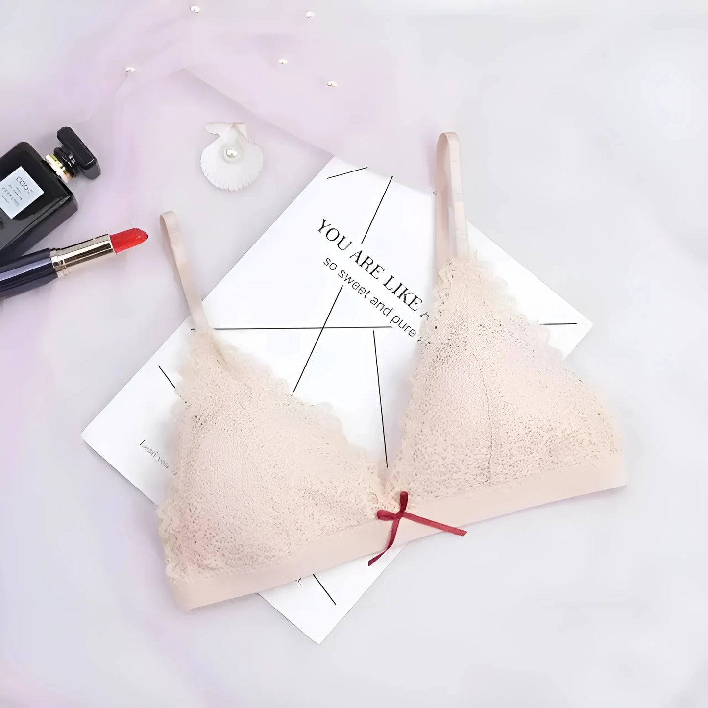 Beige Soutien-gorge a coppe triangolari in pizzo