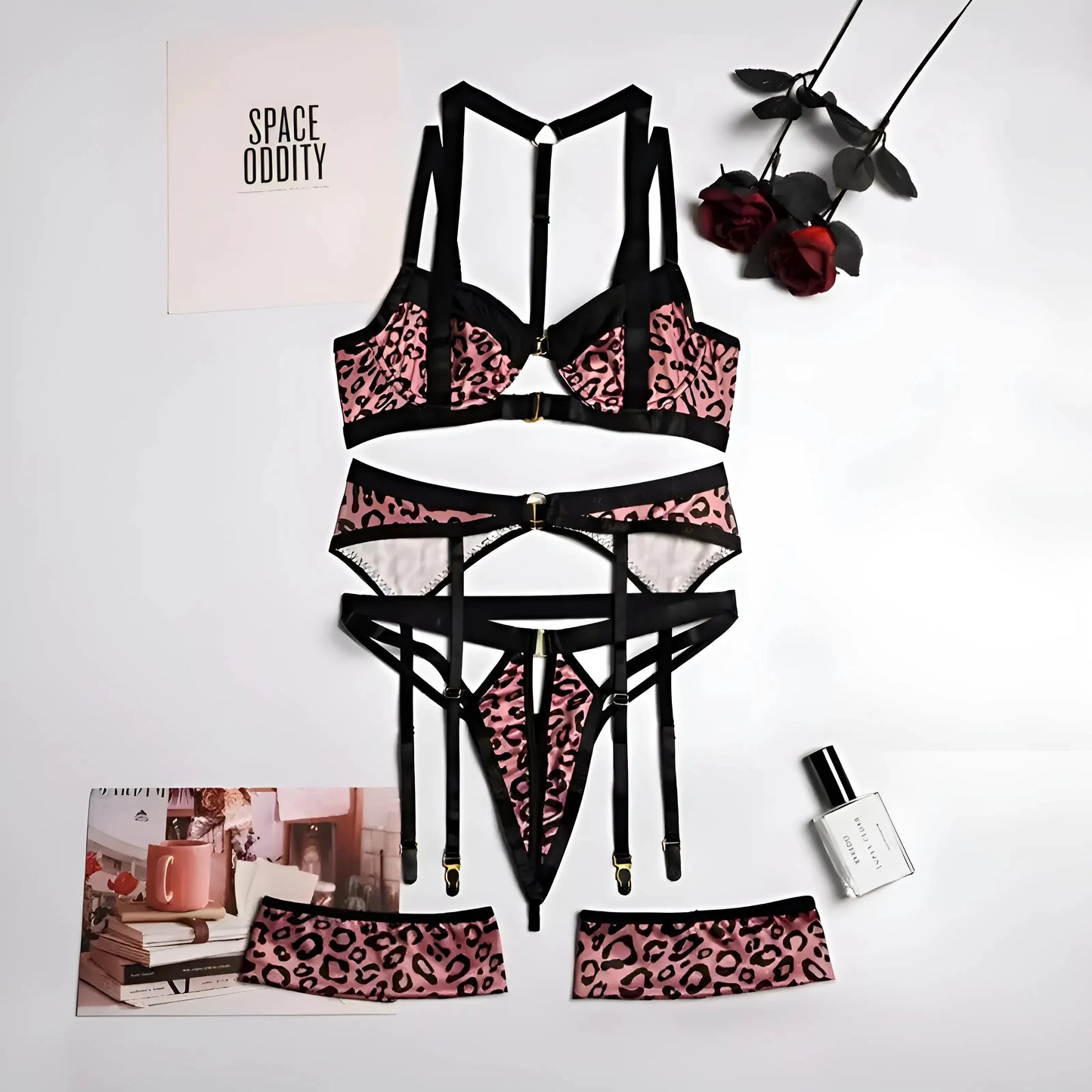 Beige Set di Lingerie a Stampa Leopardo
