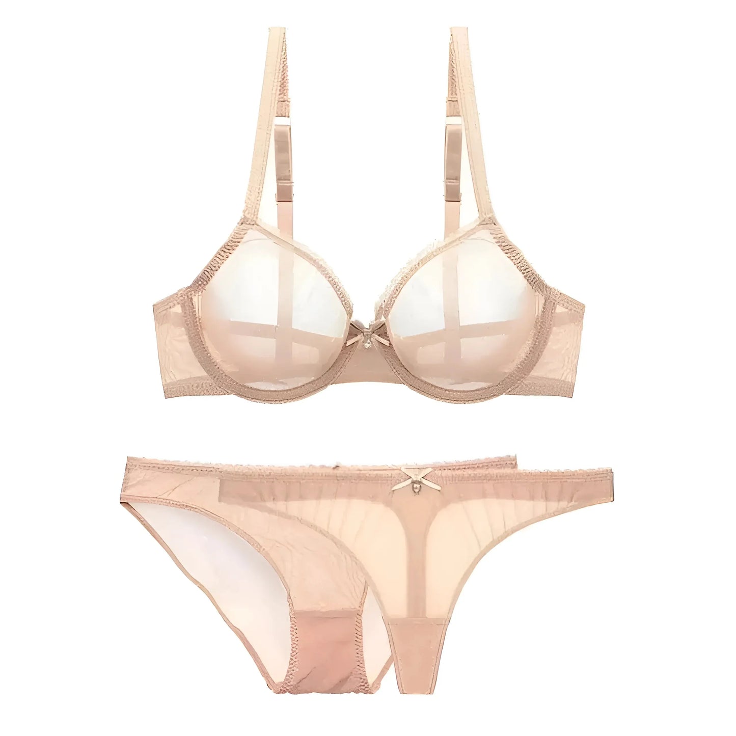 Beige Set di Lingerie in Pizzo Trasparente
