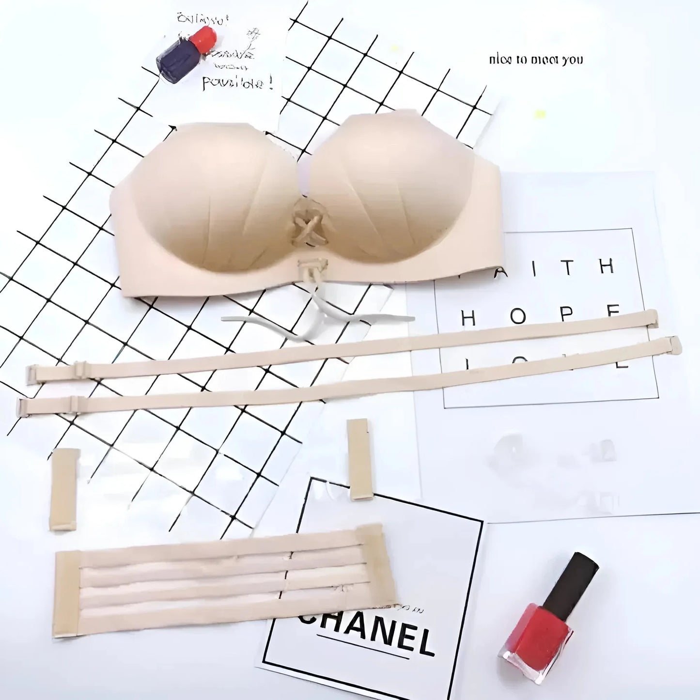 Beige Reggiseno Push-Up a forma di conchiglia con spalline regolabili e spalline rimovibili