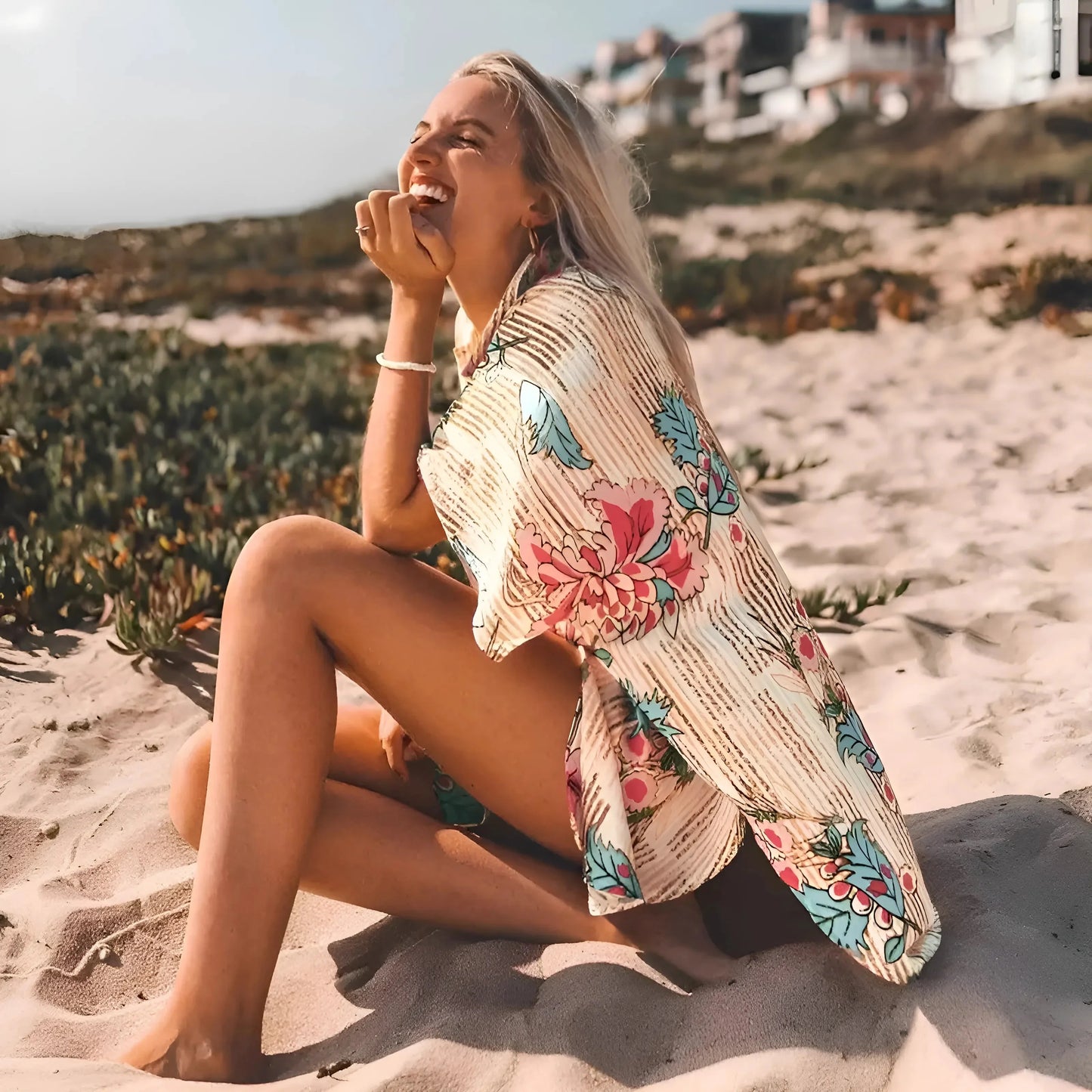 Beige Kimono da spiaggia stile camicia