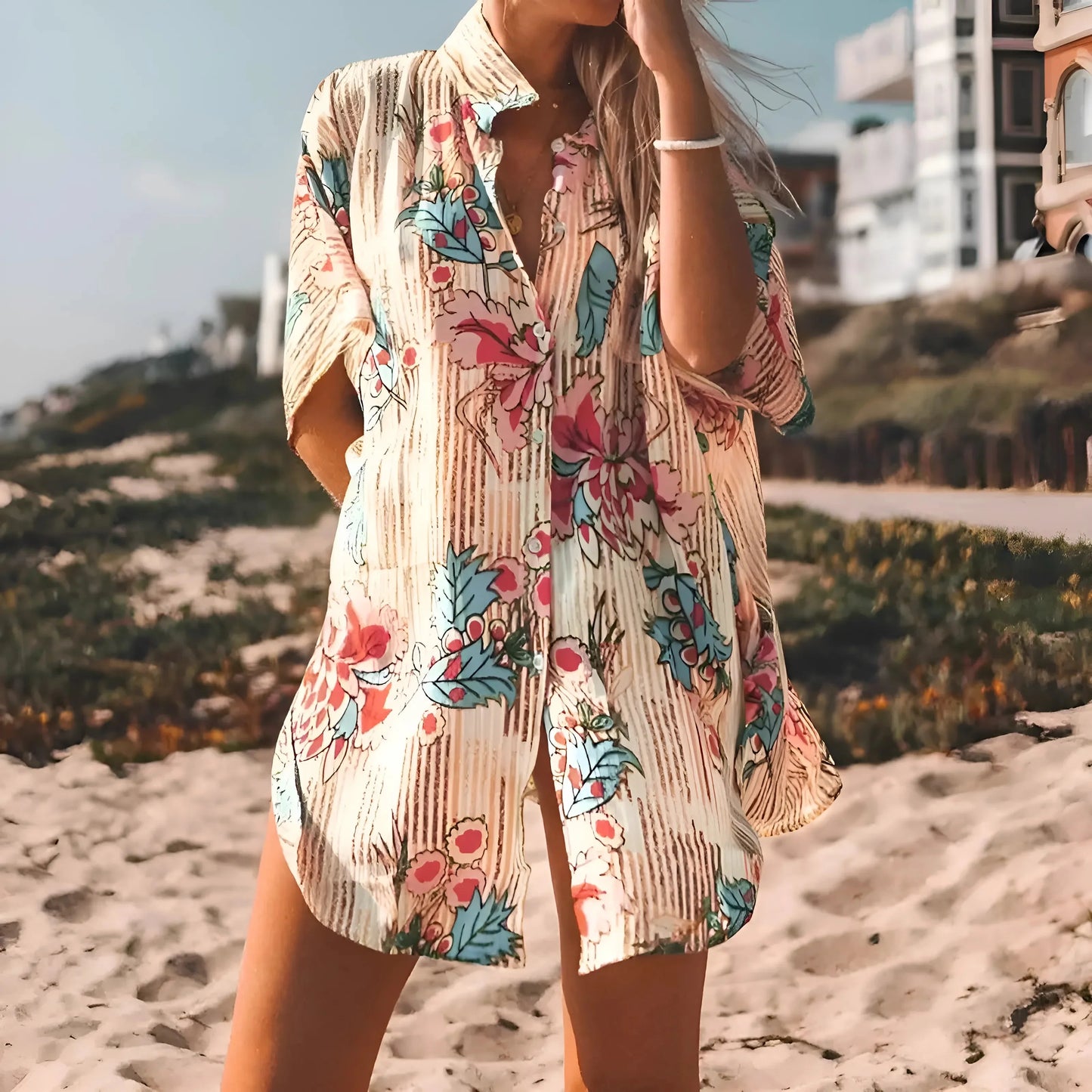 Beige Kimono da spiaggia stile camicia