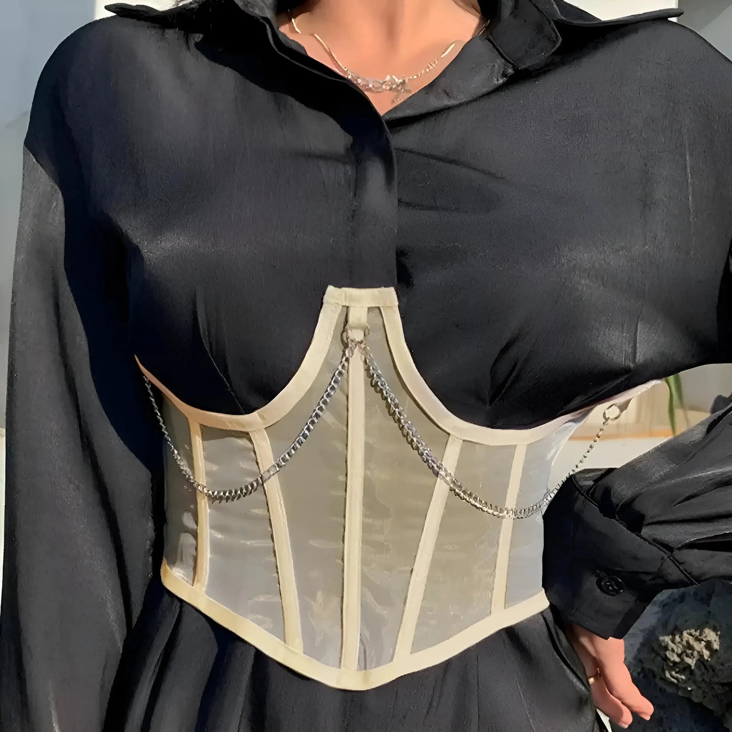 Beige Corsetto in Rete Trasparente