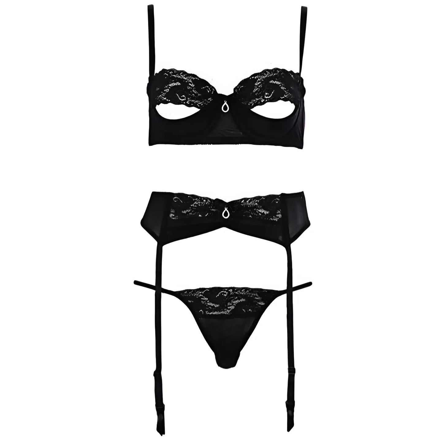 Nero Set di Lingerie in Pizzo a 3 Pezzi con Tagli sul Reggiseno