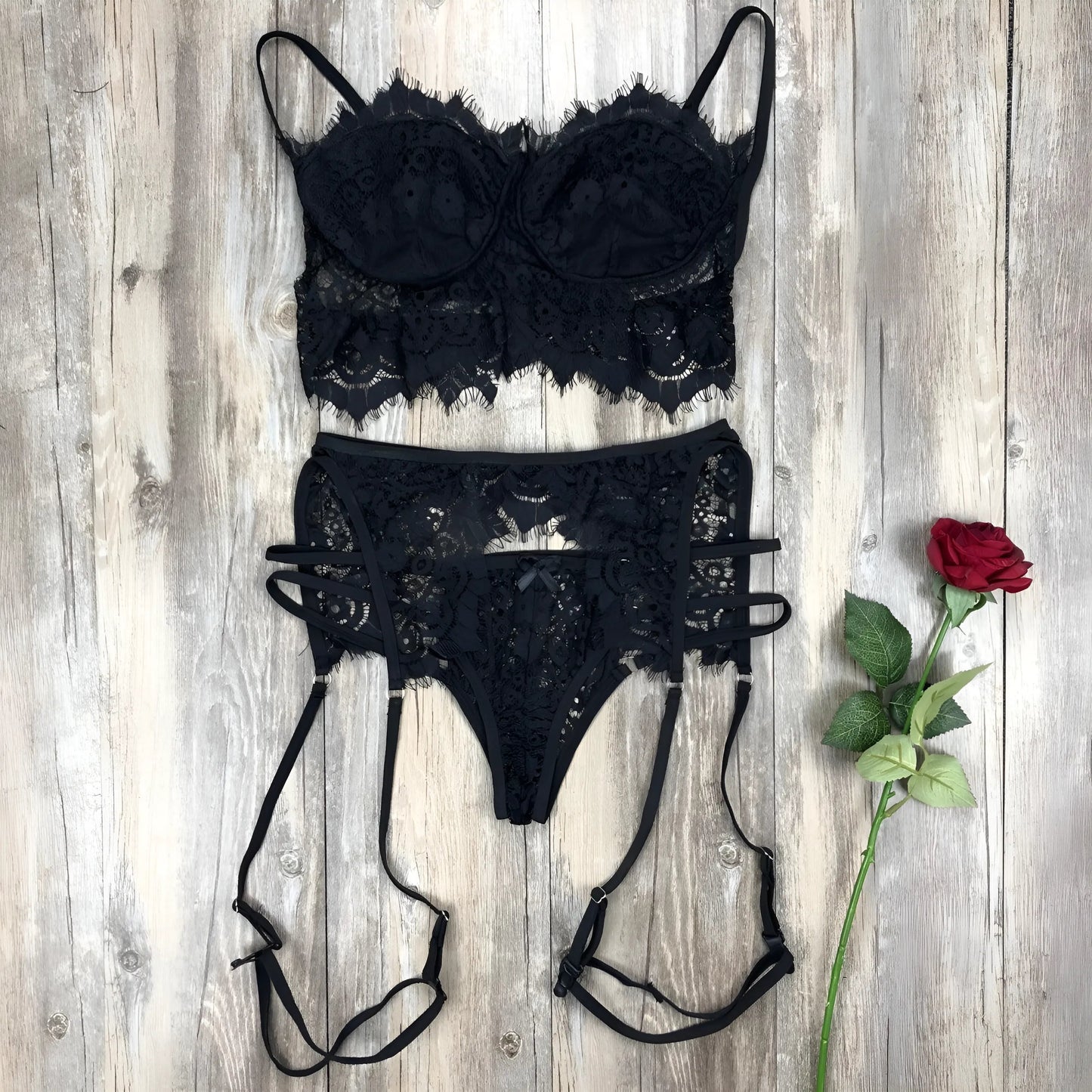 Nero Set di Lingerie in Pizzo a 3 Pezzi con Cinghie per Cosce