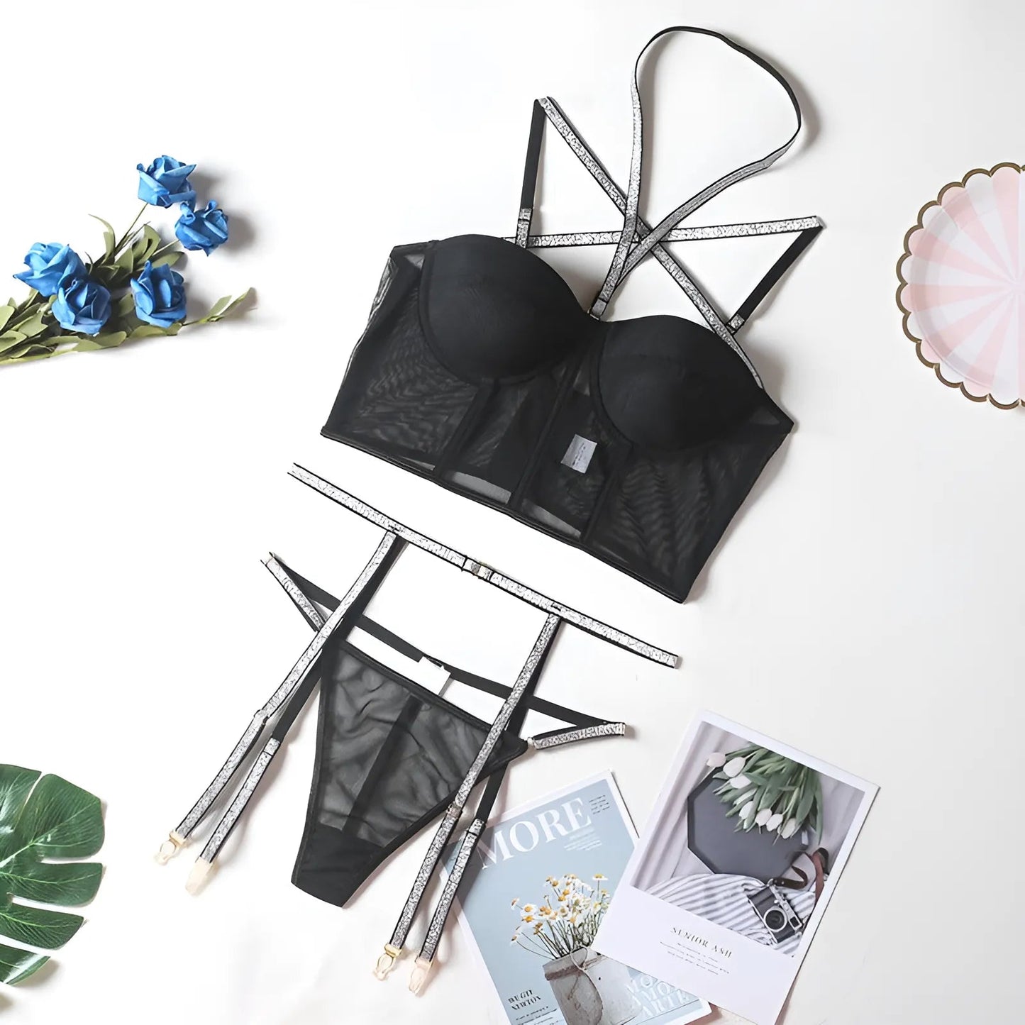 Nero Set di Lingerie a 3 Pezzi con Top Corsetto