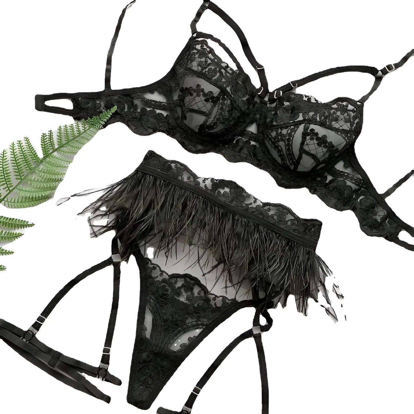 Nero Set di Lingerie a 3 Pezzi con Cintura Decorativa