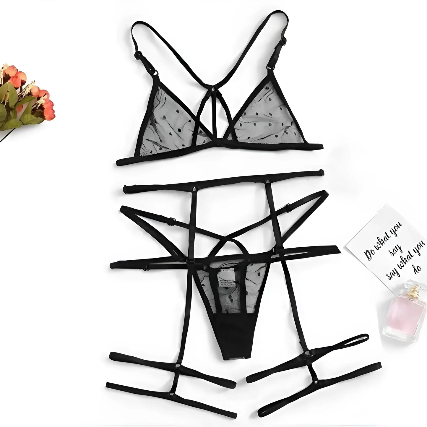 Nero Set di Lingerie a Pois in 3 Pezzi