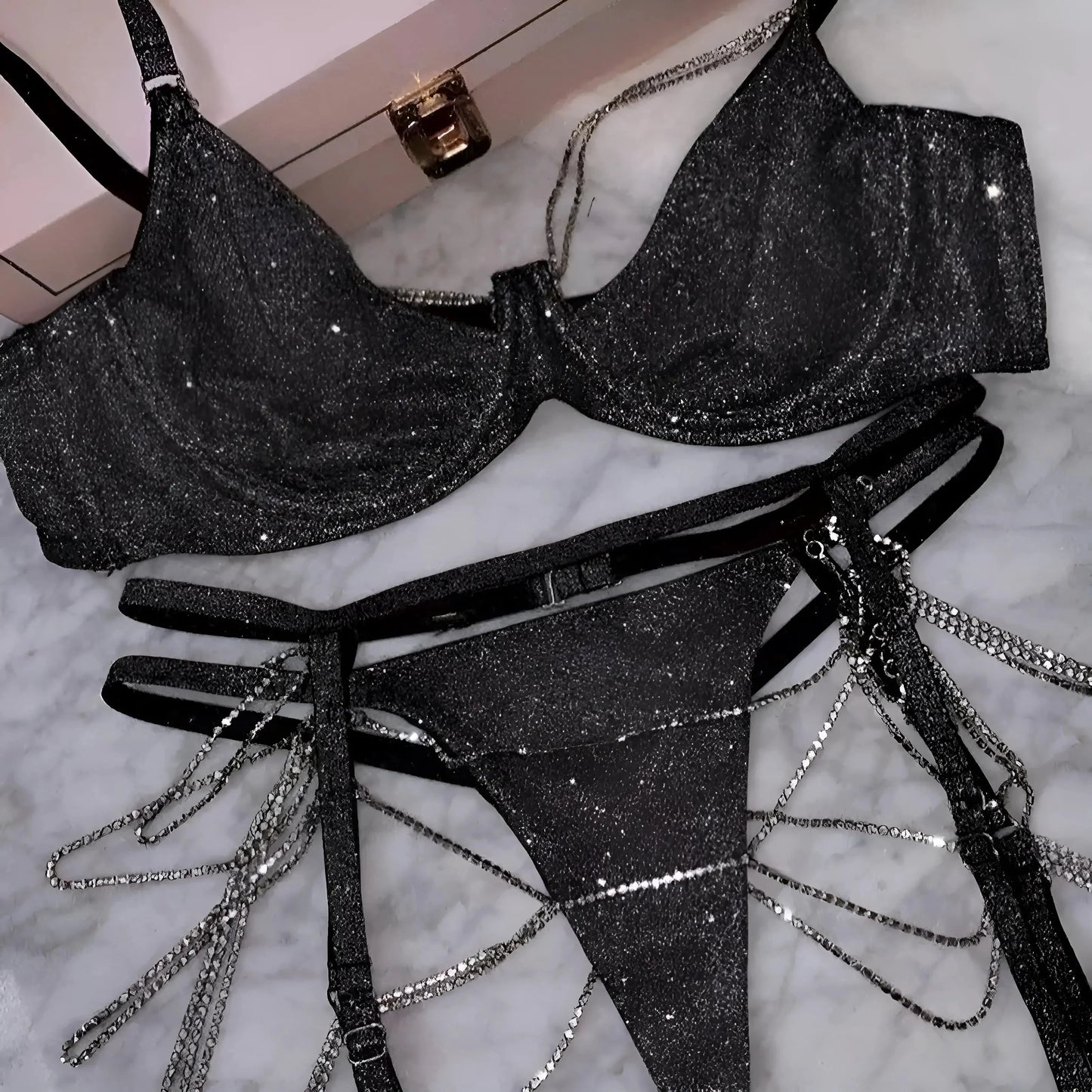 Nero Set di Lingerie Lucido a 3 Pezzi