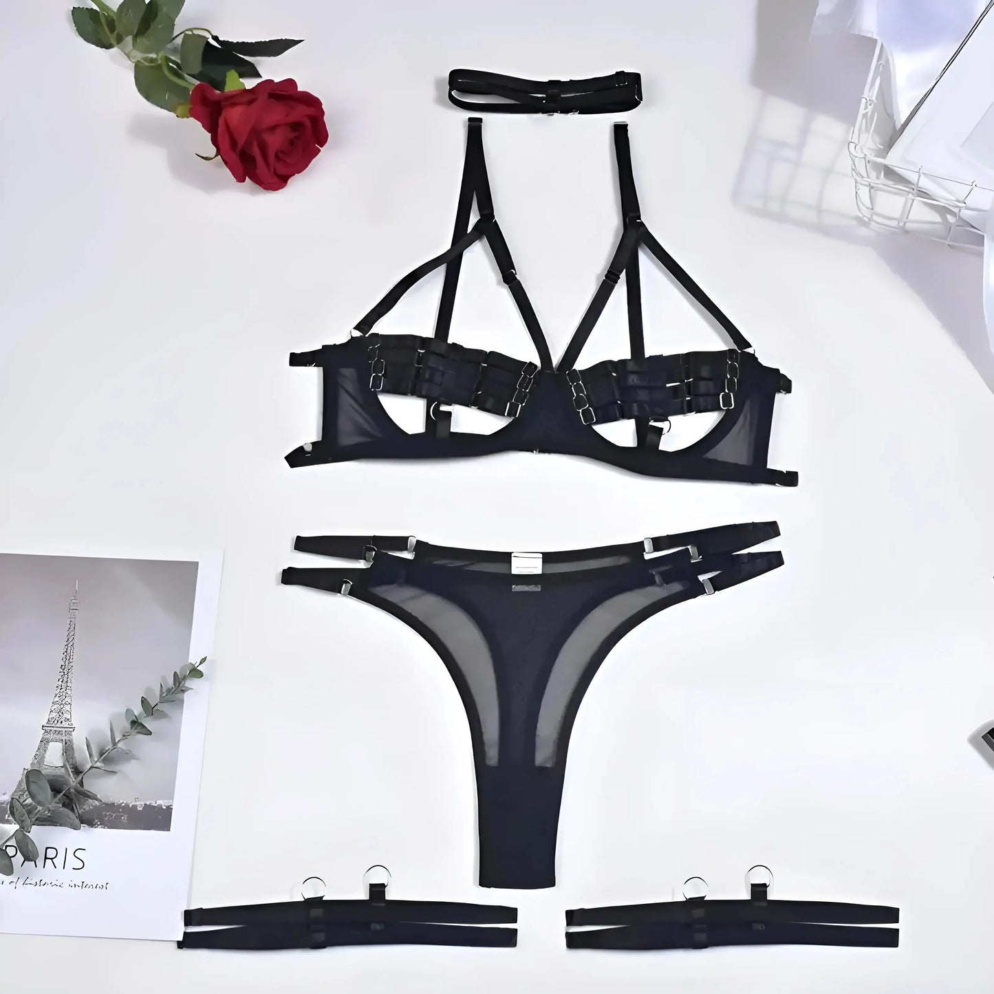 Nero Set di Lingerie a 4 Pezzi con Cinghie Decorative