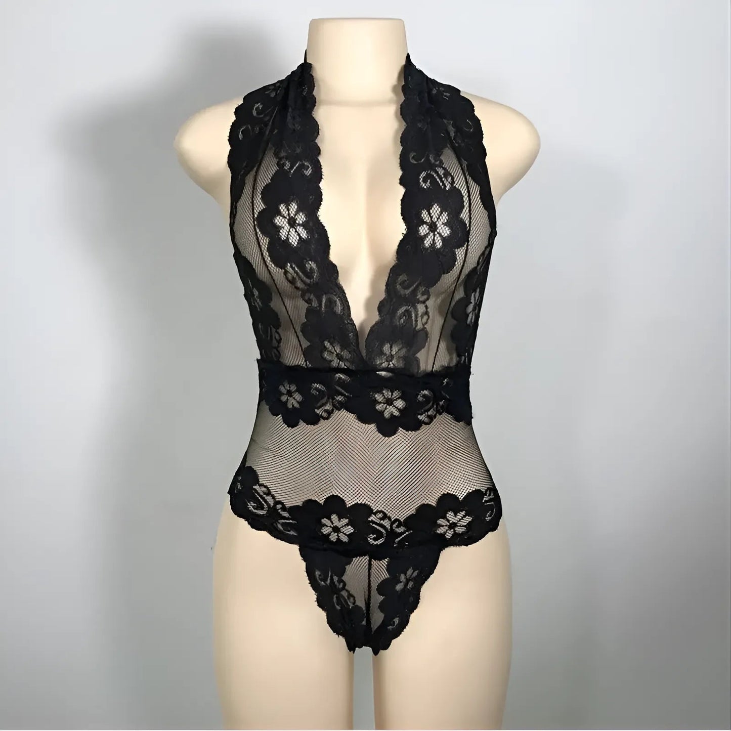 Nero Body in pizzo con rete trasparente e schiena scoperta