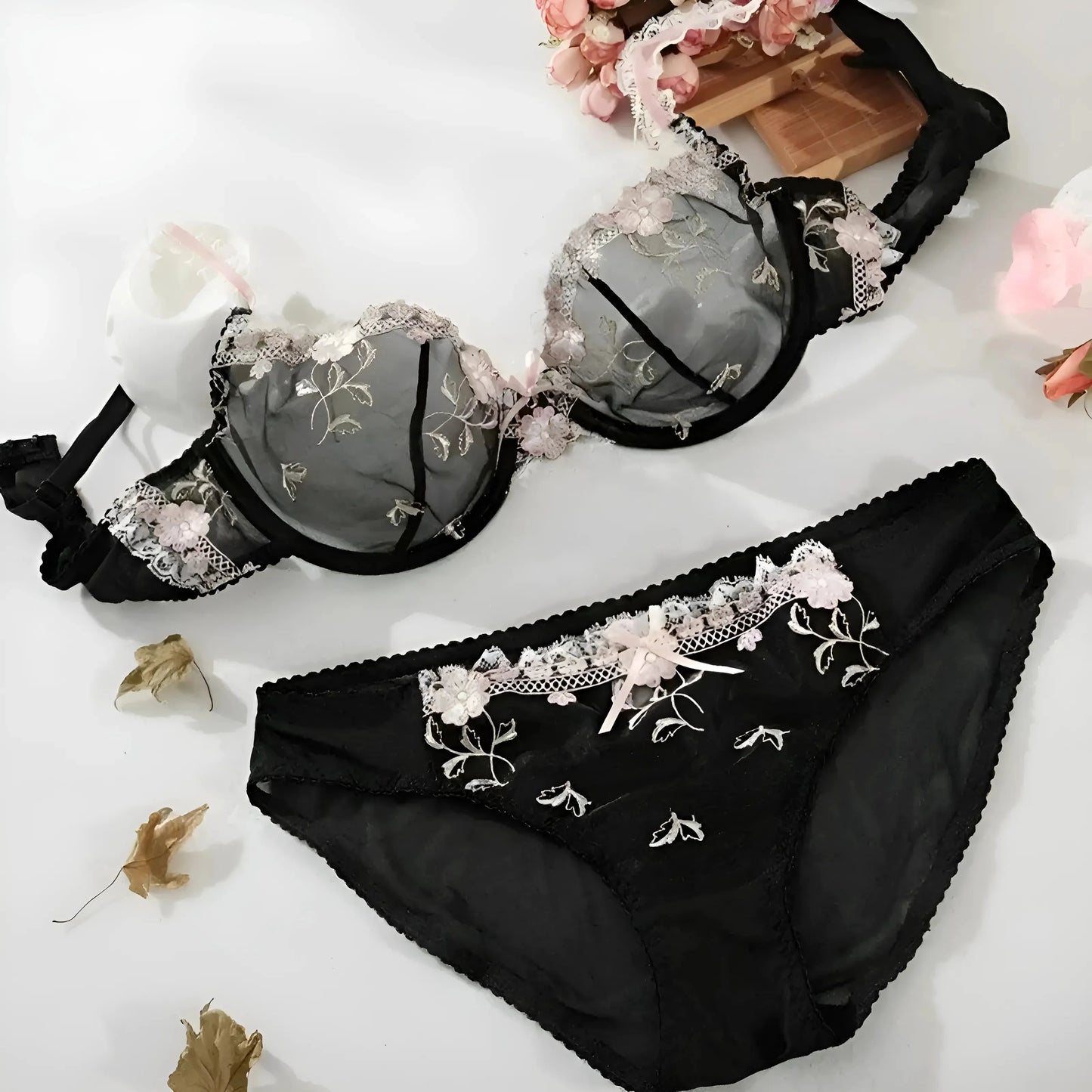 Nero Reggiseno in pizzo con design floreale