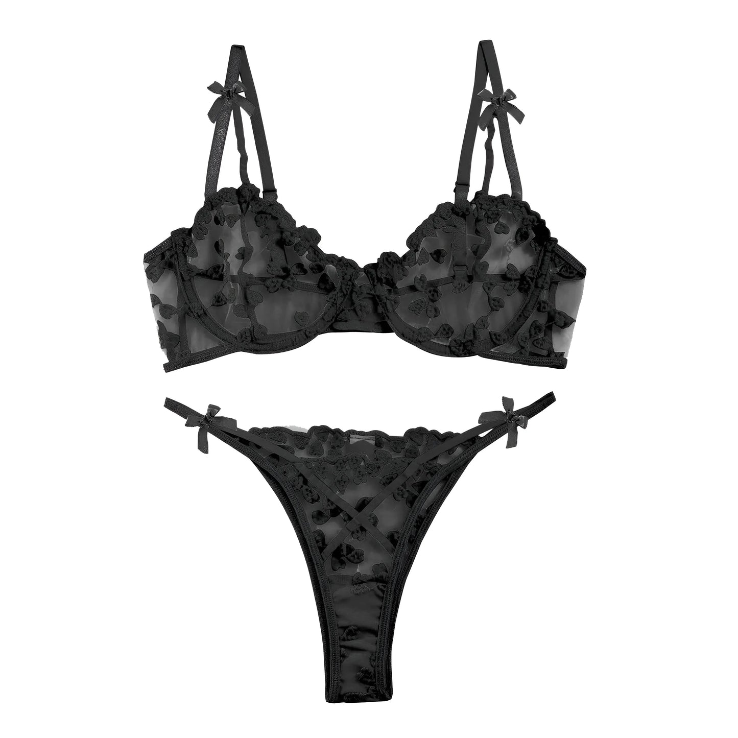 Nero Set di Lingerie con Stampa Cuore in Pizzo