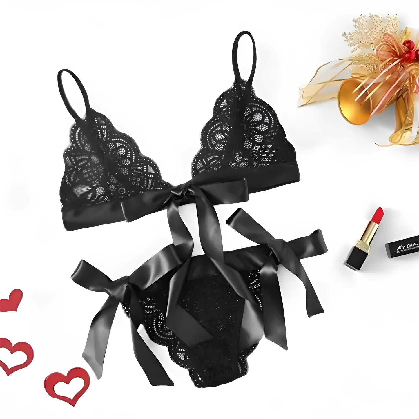Nero Set di Lingerie in Pizzo con Fiocchi