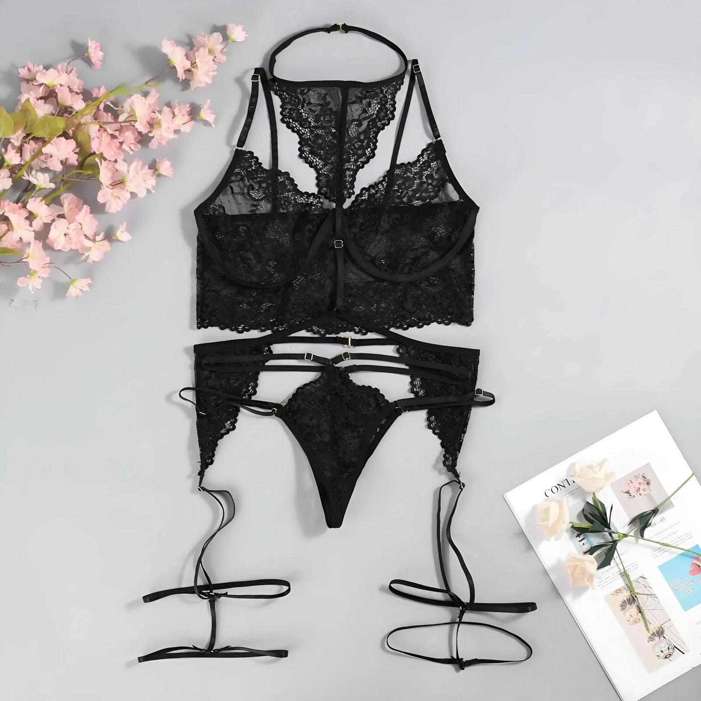 Nero Set di Lingerie in Pizzo con Choker e Cinghie Decorative