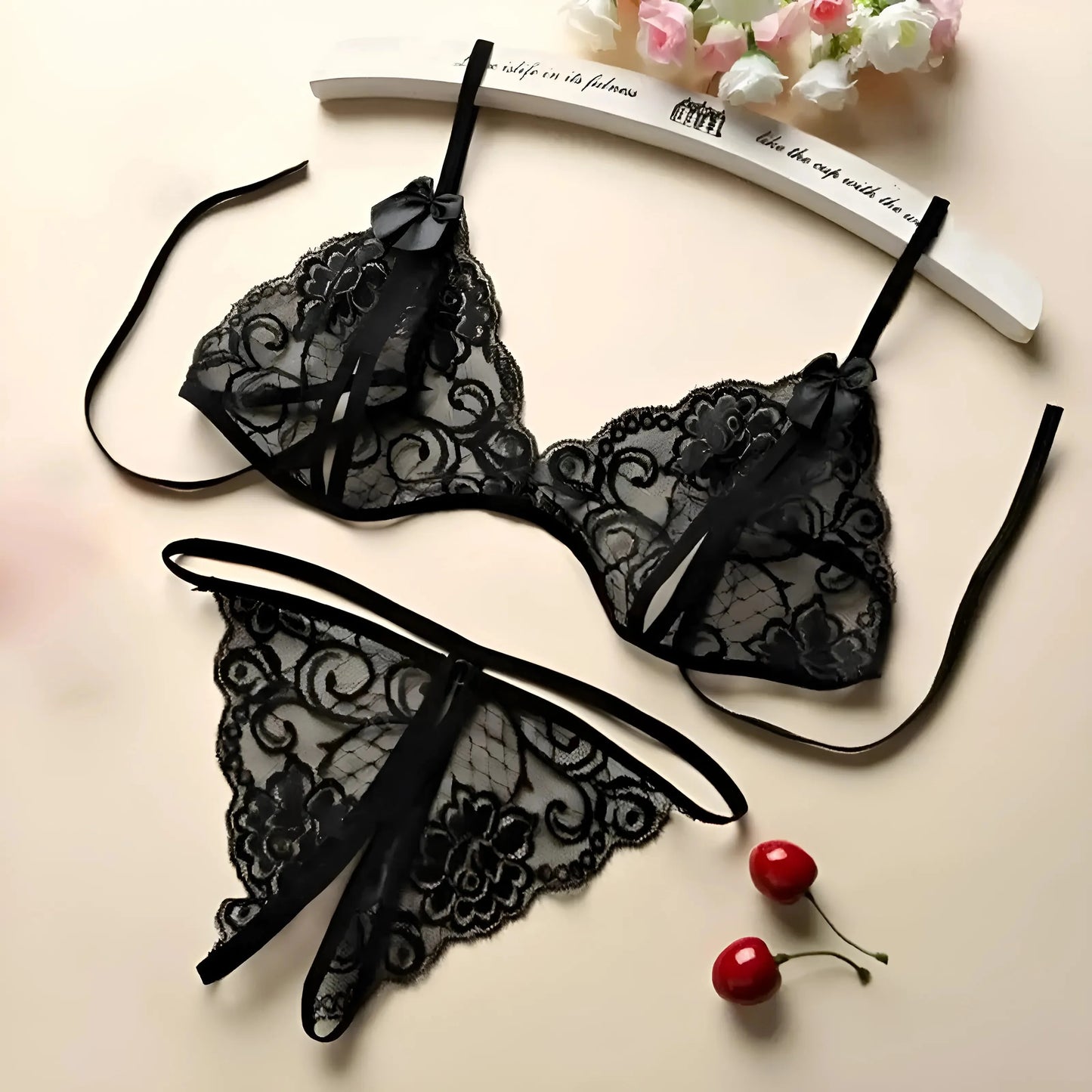 Nero Set di Lingerie in Pizzo con Taglietti