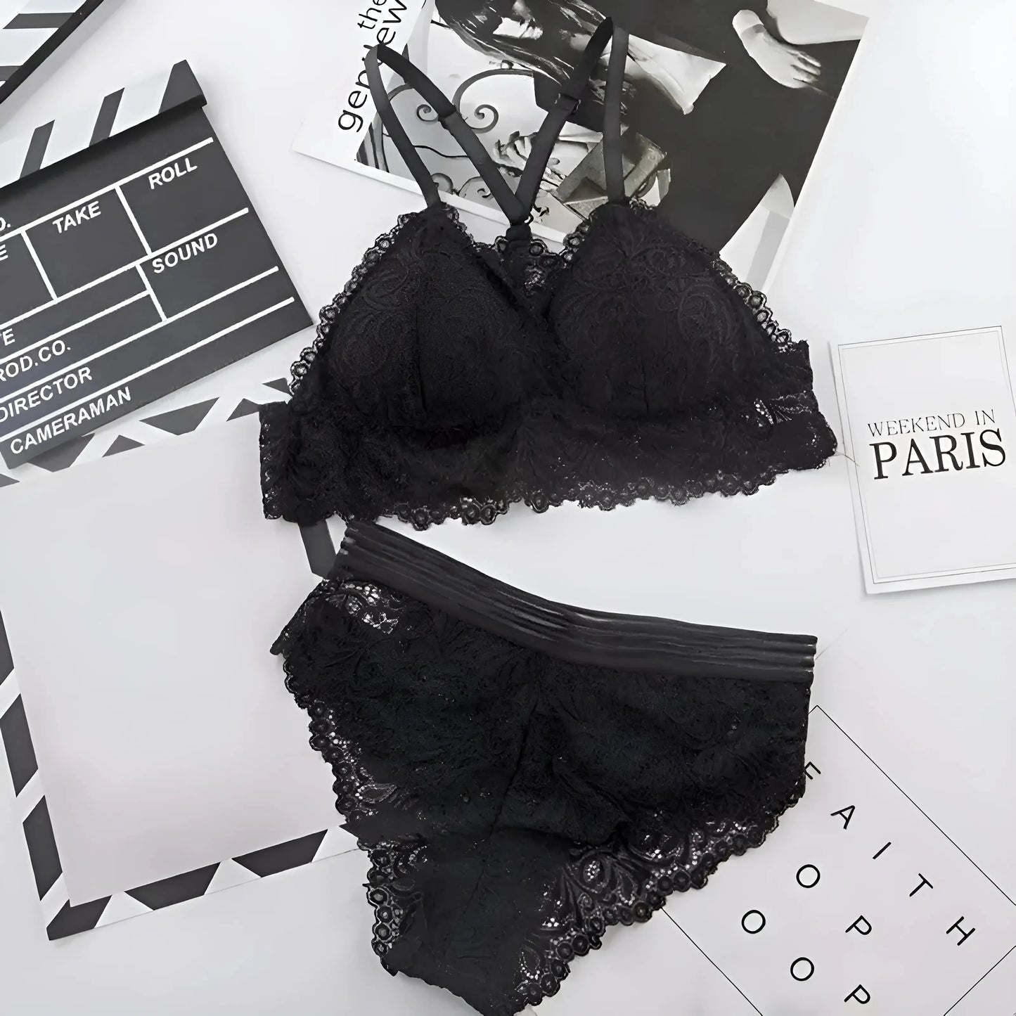 Nero Set di Lingerie in Pizzo con Schiena Decorativa