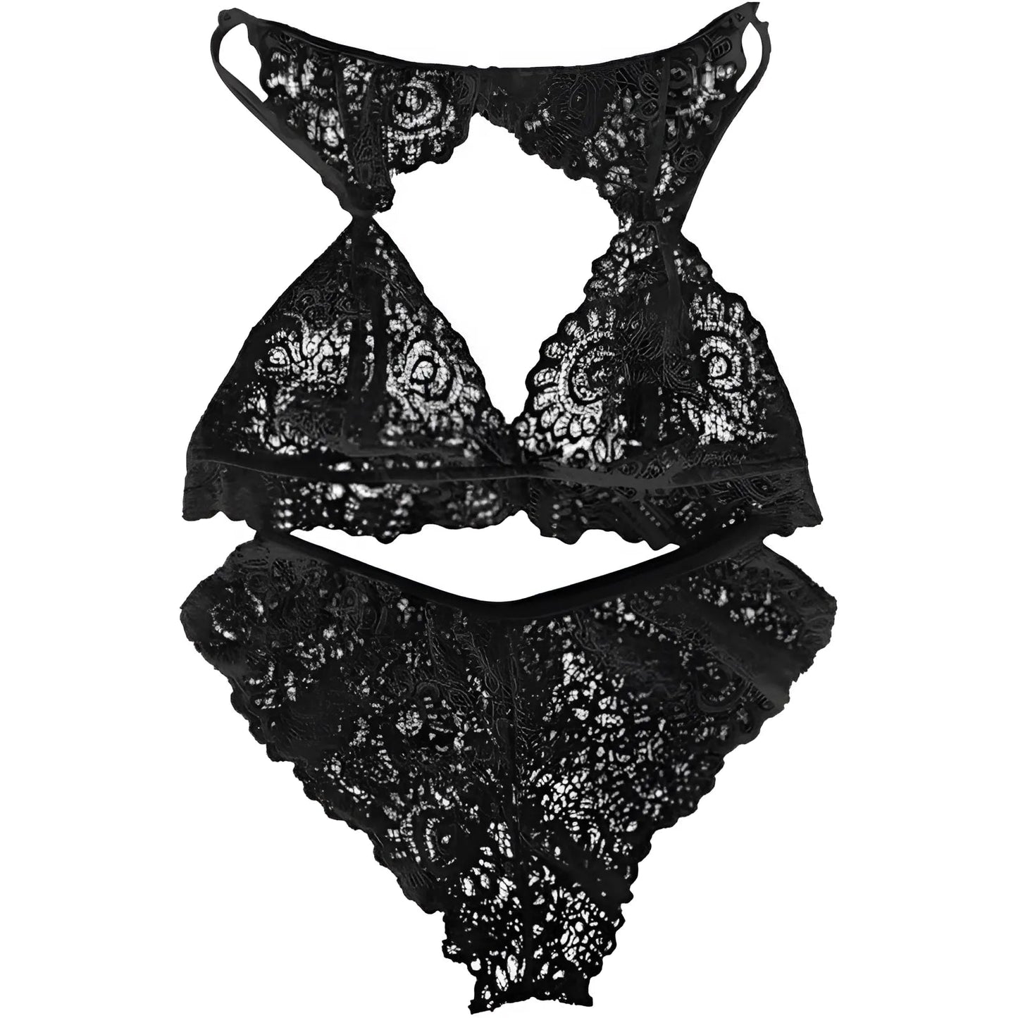 Nero Set di Lingerie in Pizzo con Finitura Decorativa al Collo