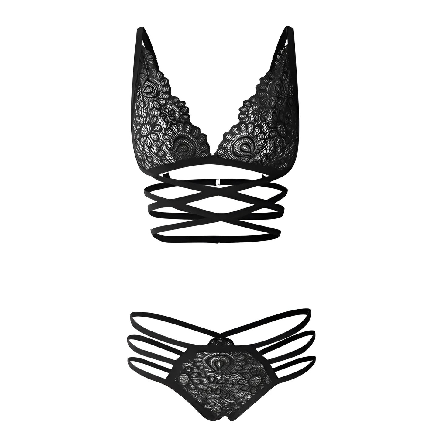 Nero Set di Lingerie in Pizzo con Cinghie Decorative