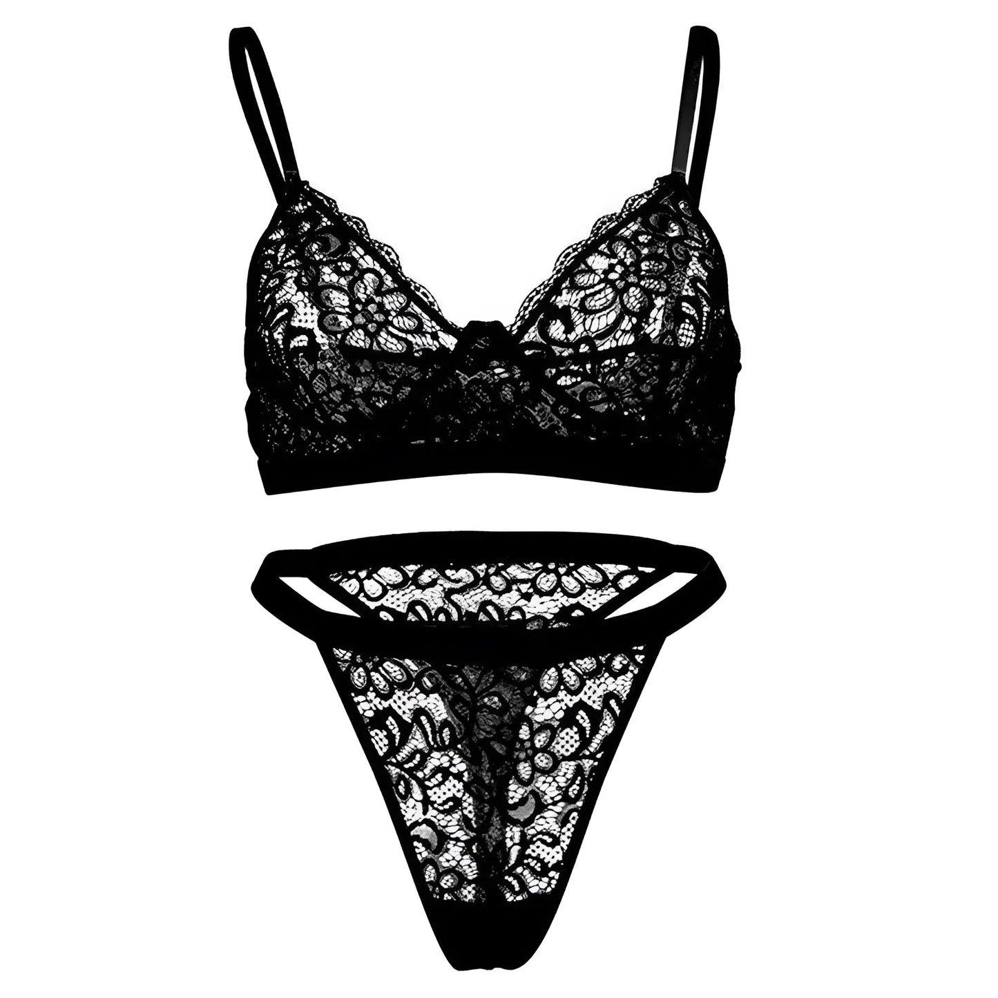 Nero Set di Lingerie in Pizzo con Delicate Cinghie Sottili