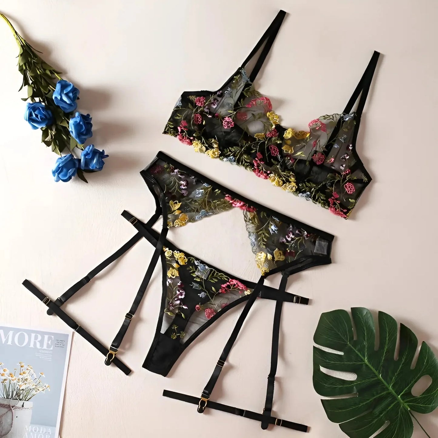 Nero Set di Lingerie in Pizzo con Fiori Ricamati