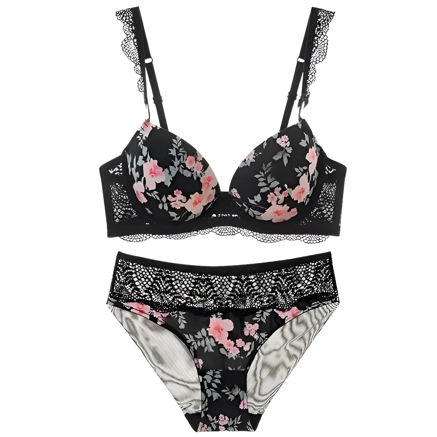 Nero Set di Lingerie in Pizzo con Design Floreale