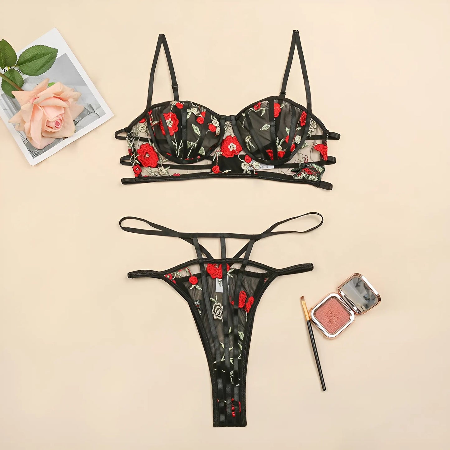 Nero Set di Lingerie in Pizzo con Design Floreale