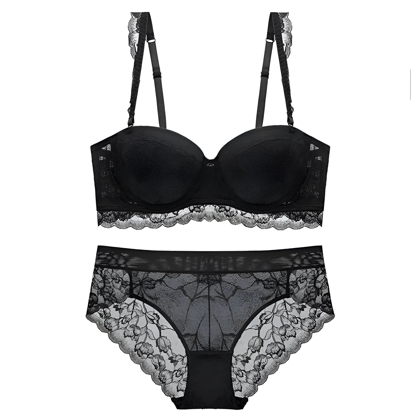 Nero Set di Lingerie in Pizzo con Reggiseno a Scollatura Bassa