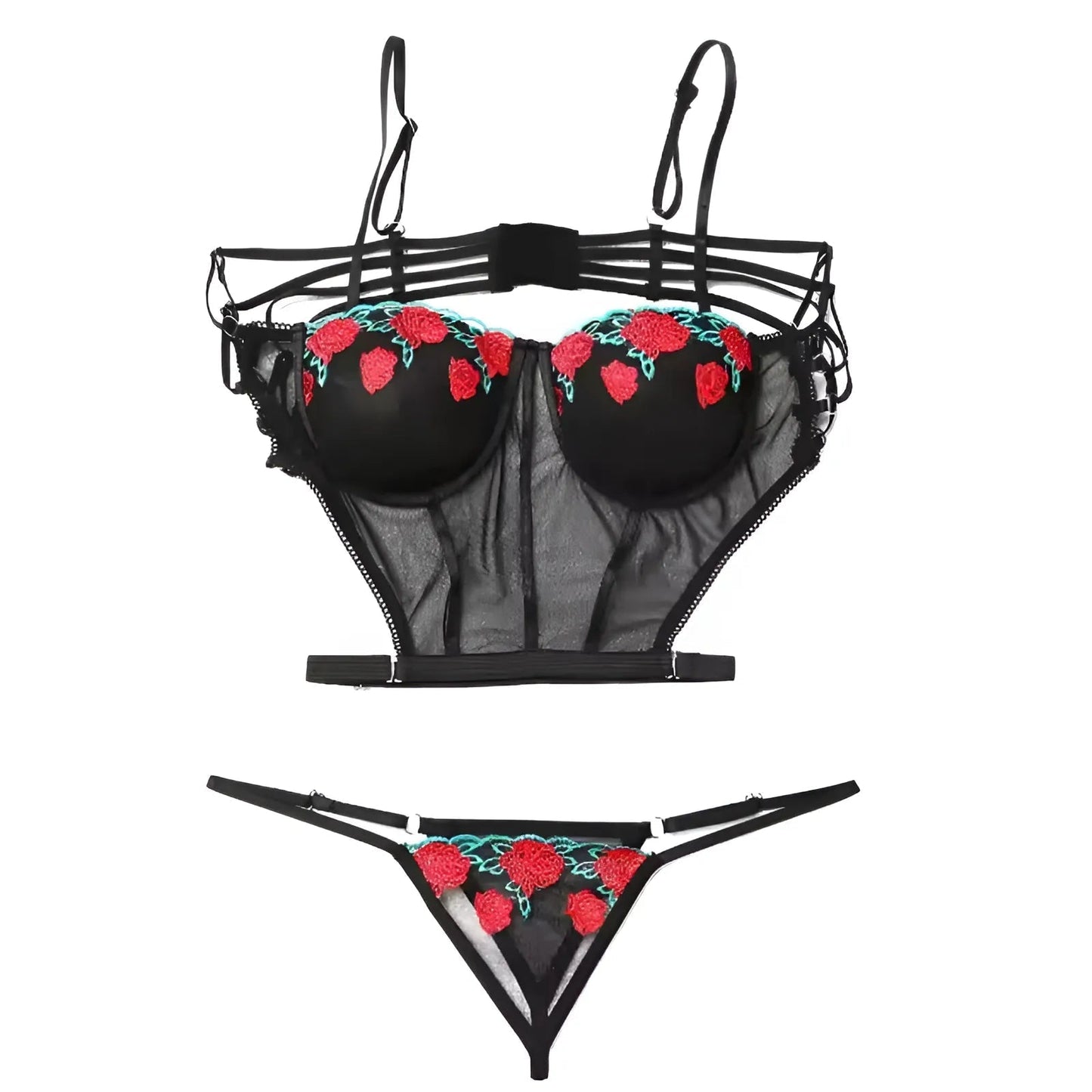 Nero Set di Lingerie in Pizzo con Rose
