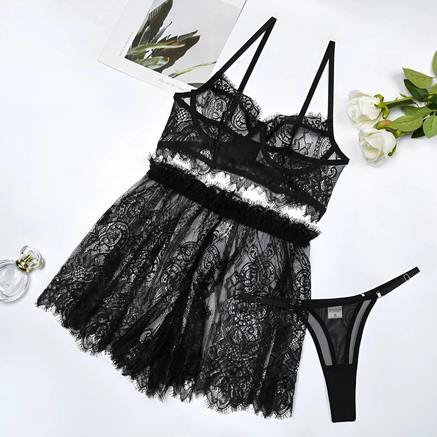 Nero Set di Lingerie in Pizzo con Gonna