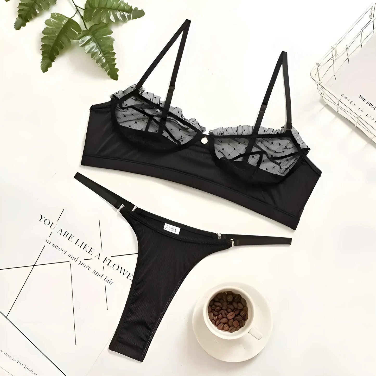 Nero Set di Lingerie in Pizzo con Perizoma