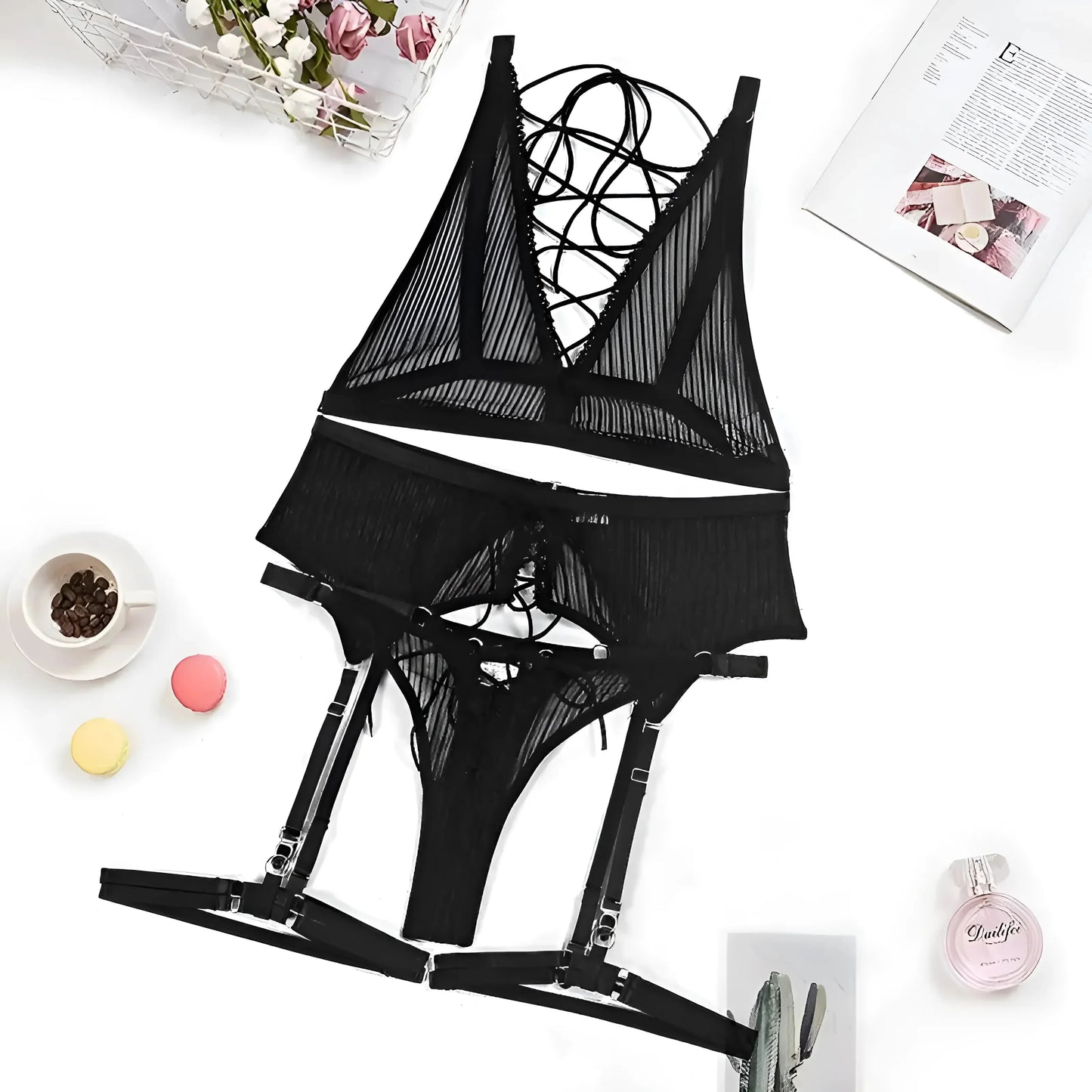 Nero Set di Lingerie in Pizzo con Reggiseno Legato