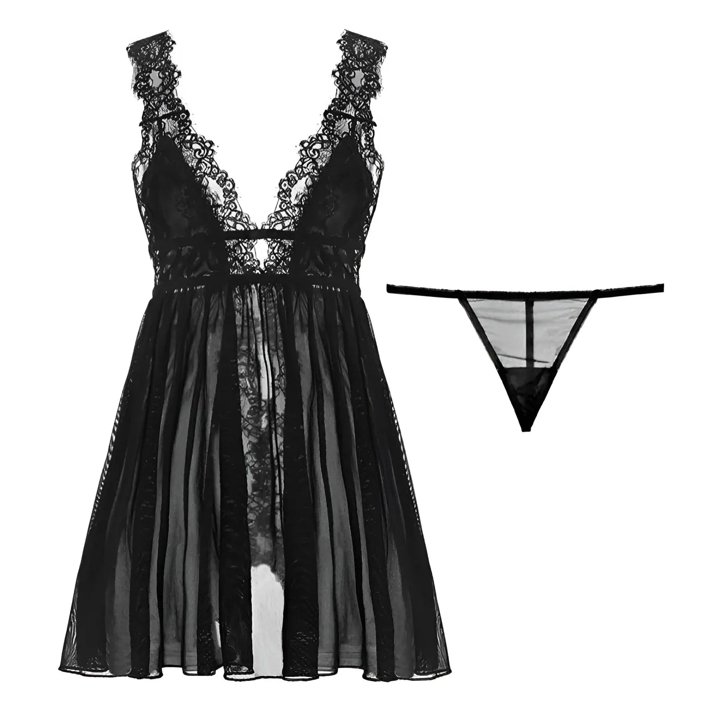 Nero Camicia da notte in pizzo con scollatura a V profonda