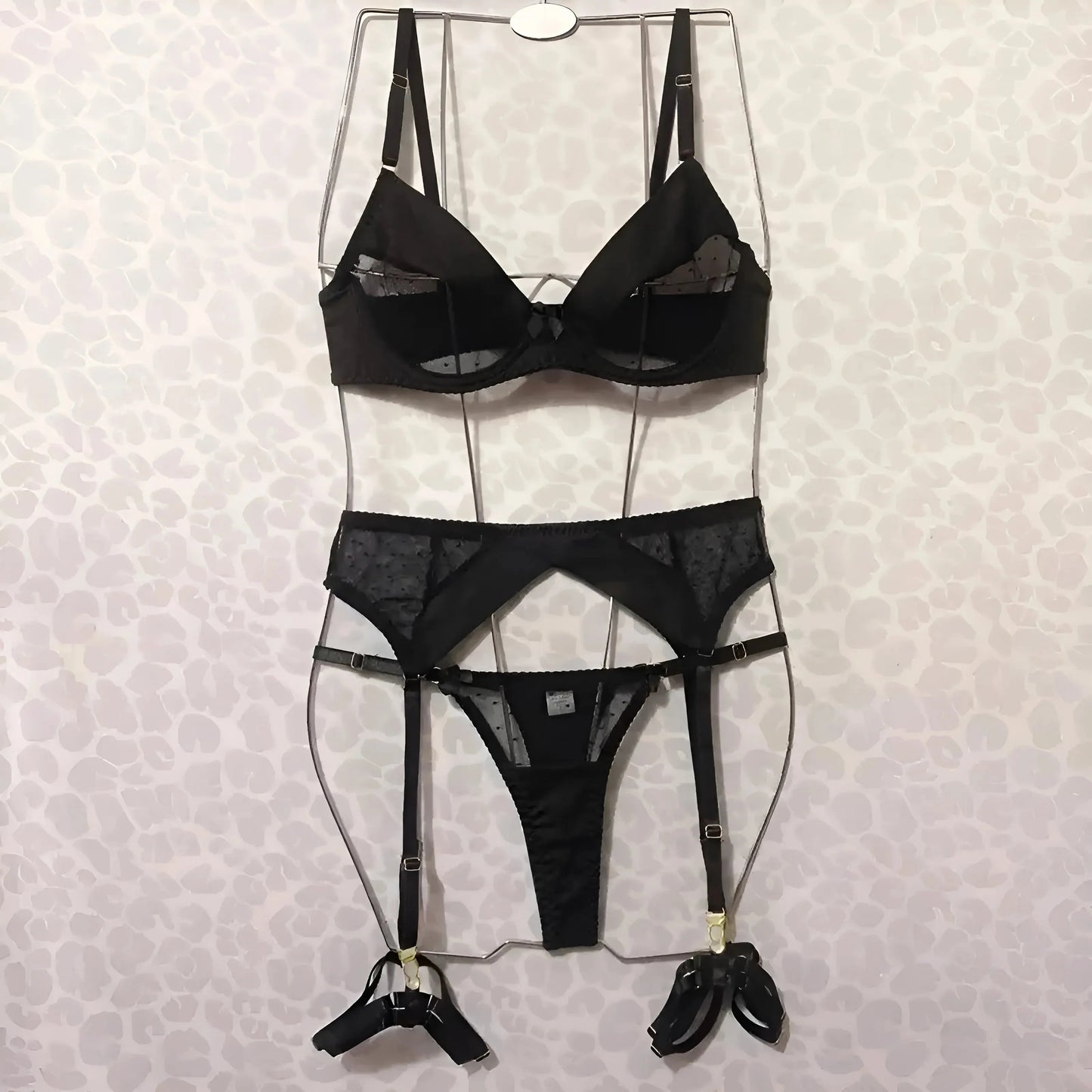 Nero Set di Lingerie in Pizzo a Pois