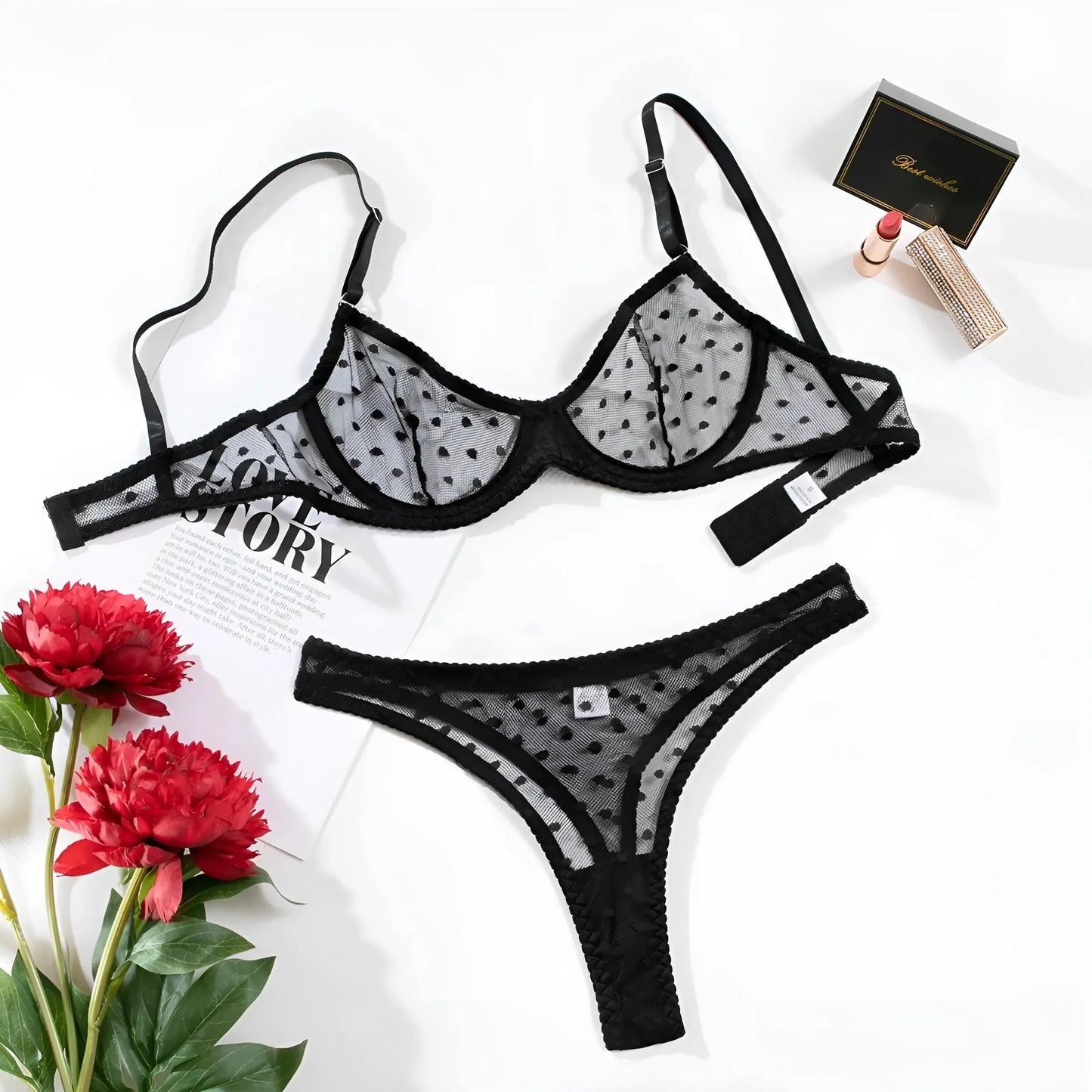 Nero Set di Lingerie in Pizzo a Pois