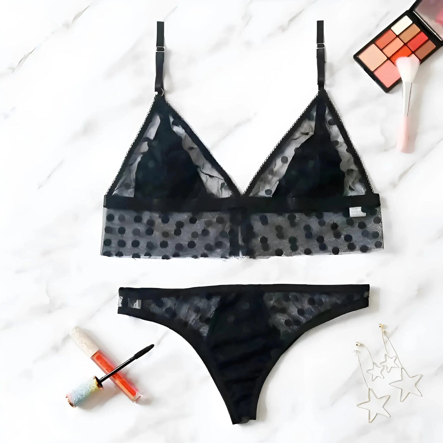 Nero Set di Lingerie in Pizzo a Pois