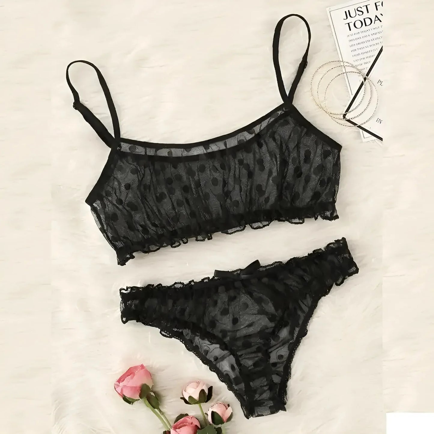 Nero Set di Lingerie in Pizzo a Pois