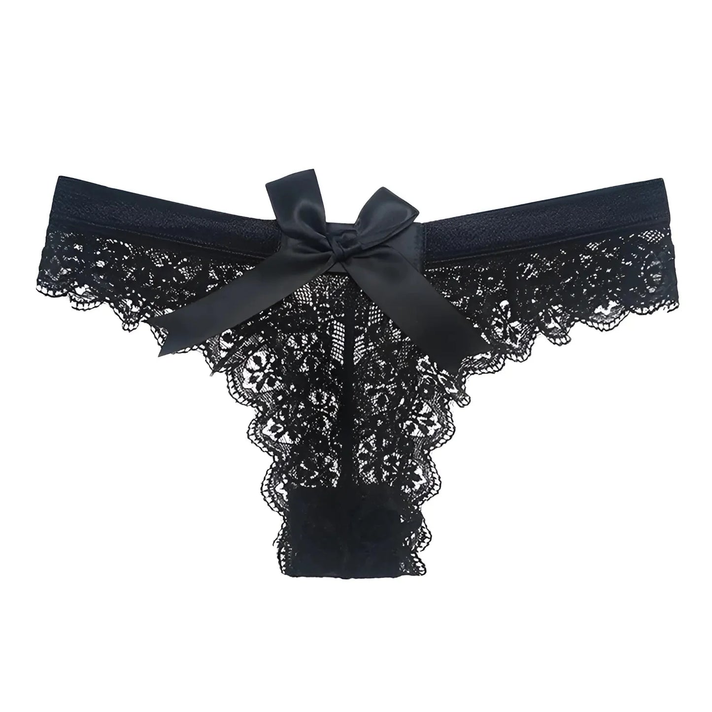 Nero String thong in pizzo con fiocco