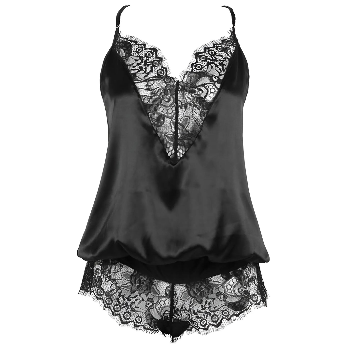 Nero Set di Pigiama con Bordo in Pizzo