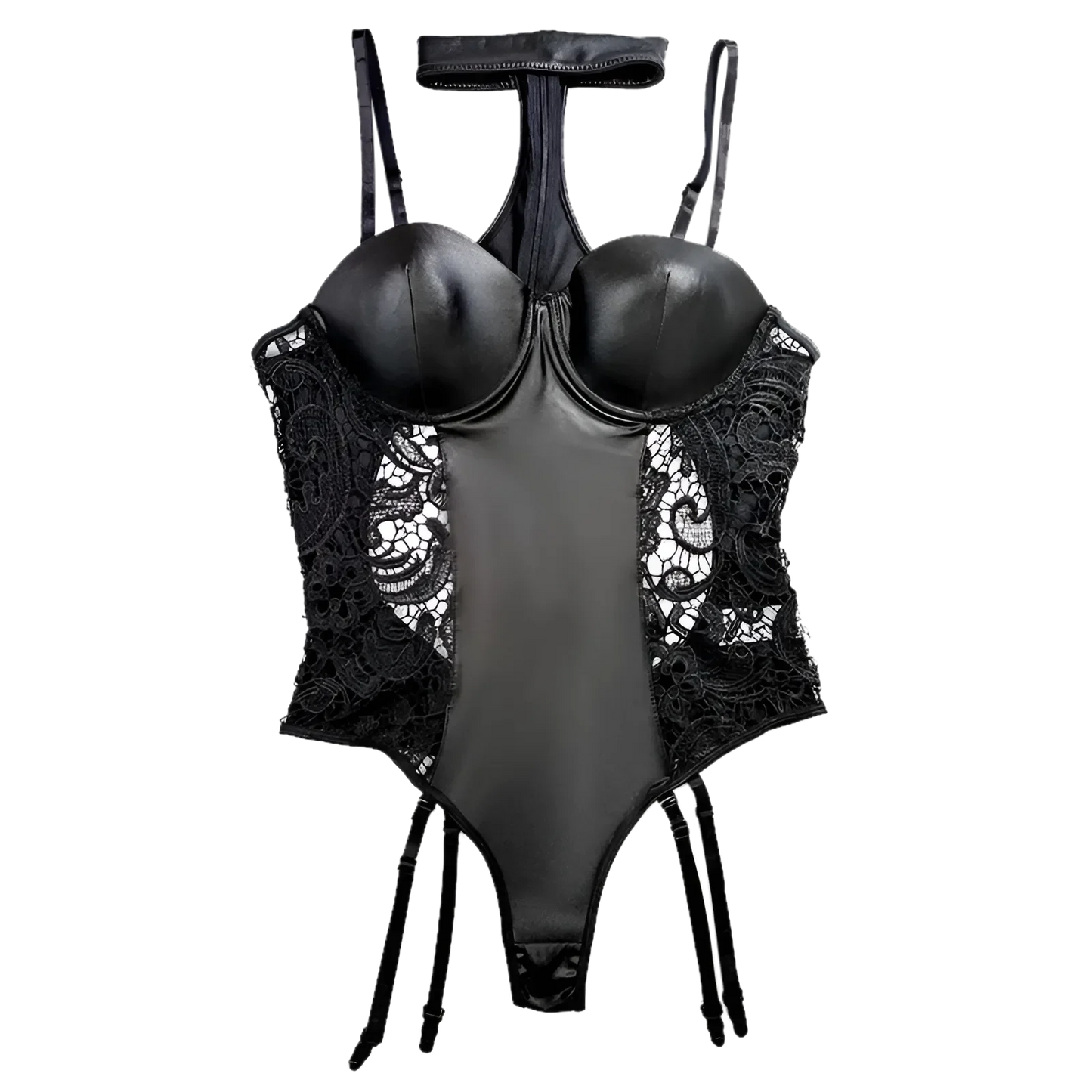 Nero Body in pelle con pizzo e bretelle
